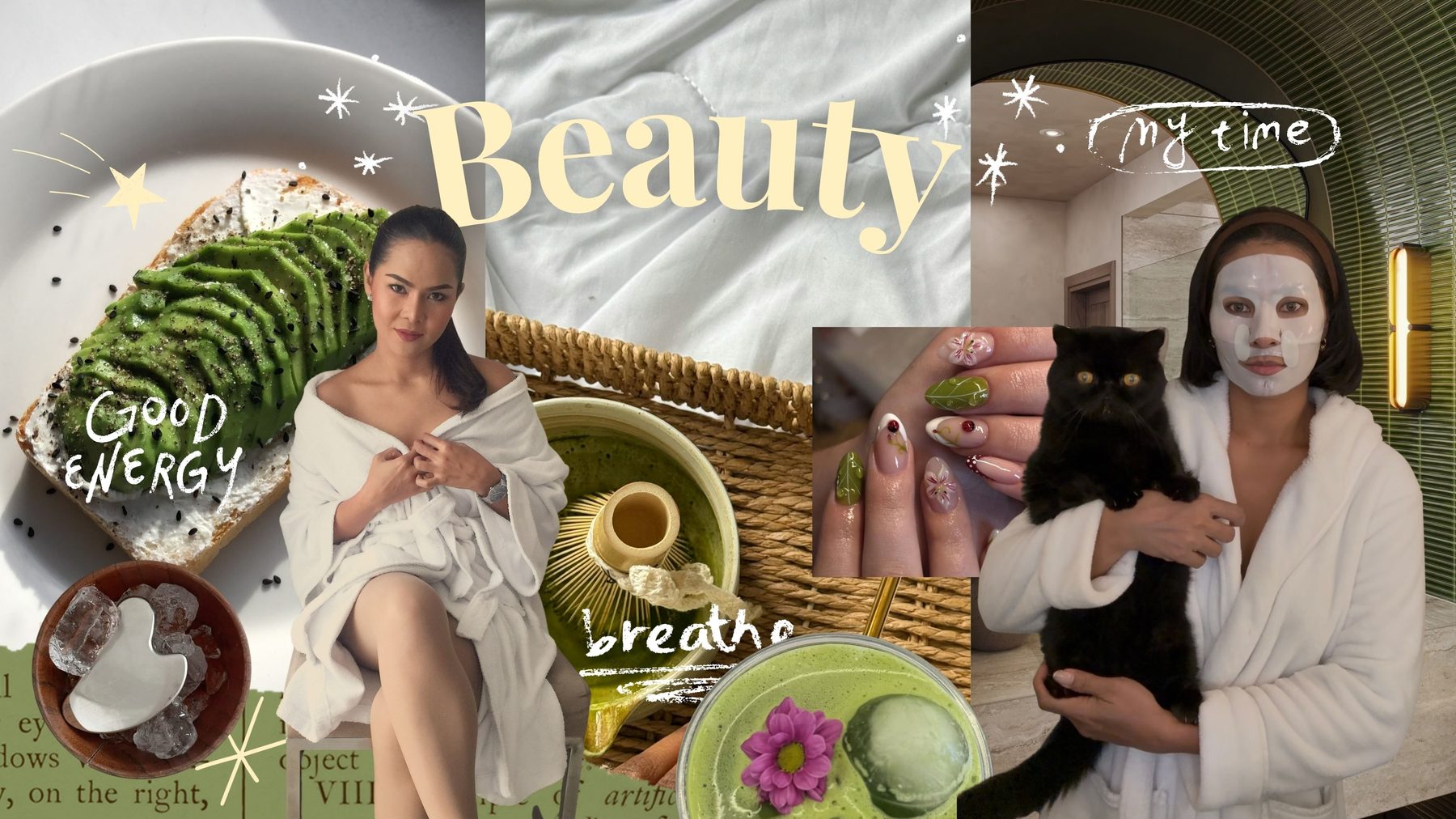 Beauty collage — avocado toast, a robe and matcha still life, floral nail art, and a sheet mask at home.