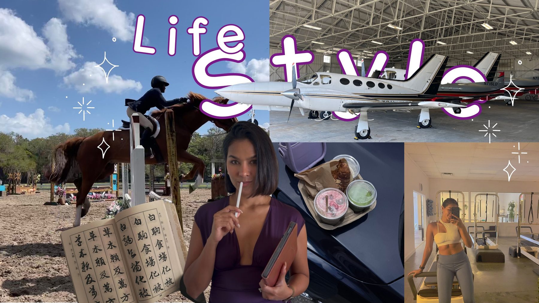 Lifestyle collage — show jumping, a hangar of light aircraft, a matcha and pastry spread, and a gym mirror.